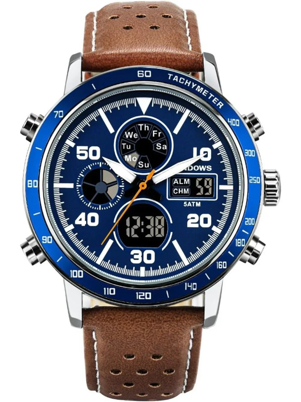 Men's Retro Brown Blue Digital Analog Multifunction Sport Casual Wrist Watch